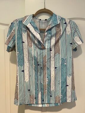 Vtg Striped Short Sleeve V-Neck Top in Teal & Tan